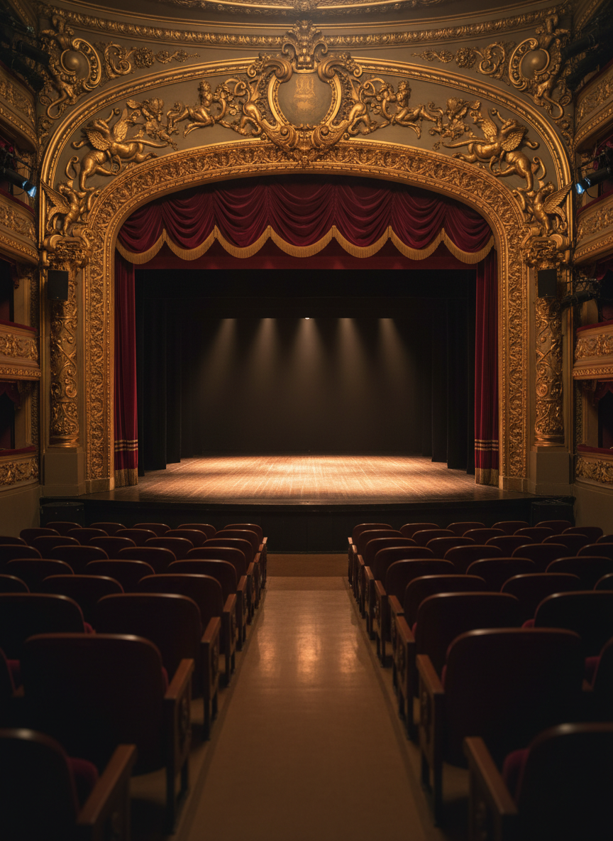 A dimly lit, ornate proscenium stage in a historic theatre, its deep burgundy velvet curtains drawn halfway to reveal an empty, polished wooden floor that gleams under the soft glow of overhead spotlights. Intricate gold leaf detailing frames the arch, and rows of plush, dark seats recede into a gently blurred background. The lighting is warm and focused, creating pools of light and pockets of shadow that hint at stories yet to unfold. Captured at eye level from the center aisle in photographic realism, the composition uses leading lines from the seats toward the stage, conveying a sophisticated, anticipatory atmosphere that invites the viewer to imagine the power of the story about to begin.