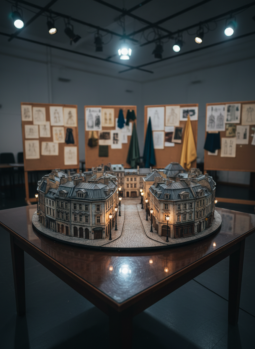 An elaborate set model for a theatrical production arranged on a dark, polished rehearsal table, featuring miniature hand-painted facades, tiny streetlamps, and delicately textured cobblestone streets. Behind it, tall drafting boards with pinned sketches and fabric swatches soften into a tasteful blur. Overhead, cool, focused studio lights create crisp highlights on the model’s details while leaving the room’s edges in gentle shadow. Shot in photographic realism from a slightly elevated three-quarter angle, the composition draws the eye through the model’s streets like a real city. The mood is intellectual and imaginative, evoking the meticulous craft behind a theatre company’s storytelling and the transformation from concept to full-scale world on stage.