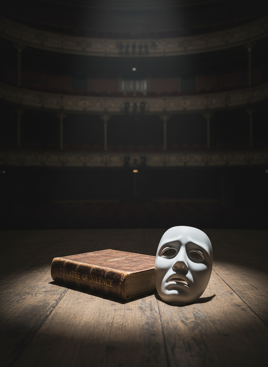 A single antique leather-bound script book, its spine gently worn and embossed with subtle gold lettering, rests on the edge of a weathered wooden stage. Beside it lies a delicate porcelain mask, half in shadow, half illuminated by a lone spotlight cutting diagonally from above. The vast darkness of the empty auditorium stretches into the background, barely revealing tiered balconies and ornate railings in soft blur. The photographic image is composed from a low, close-up angle, with a shallow depth of field that emphasizes the texture of the leather and the smooth, cool surface of the mask. The overall mood is intimate, introspective, and sophisticated, capturing the quiet power of storytelling before an audience ever arrives.