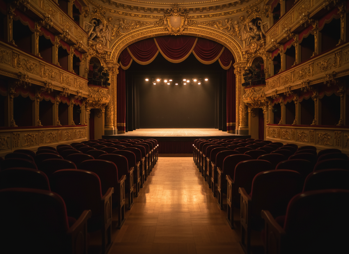 A dimly lit, ornate proscenium stage in a historic theatre, its deep burgundy velvet curtains drawn halfway to reveal an empty, polished wooden floor that gleams under the soft glow of overhead spotlights. Intricate gold leaf detailing frames the arch, and rows of plush, dark seats recede into a gently blurred background. The lighting is warm and focused, creating pools of light and pockets of shadow that hint at stories yet to unfold. Captured at eye level from the center aisle in photographic realism, the composition uses leading lines from the seats toward the stage, conveying a sophisticated, anticipatory atmosphere that invites the viewer to imagine the power of the story about to begin.