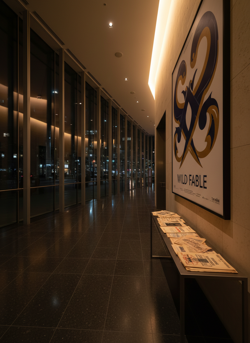 A sleek, modern theatre lobby at night, with a glossy dark stone floor reflecting soft pools of golden light from recessed ceiling fixtures. A large, minimalist poster for a production titled “Wild Fable” dominates one wall, featuring abstract, intertwined shapes in deep indigo and burnished gold. Nearby, a sculptural stack of vintage-looking playbills rests on a low, brushed-metal table. Outside the tall glass façade, the city lights appear as gentle bokeh. Shot in photographic realism from a wide-angle, slightly low perspective, the composition emphasizes vertical lines and spaciousness. The mood is sophisticated, urbane, and quietly electric, suggesting an immersive storytelling experience within a contemporary theatre company’s world.