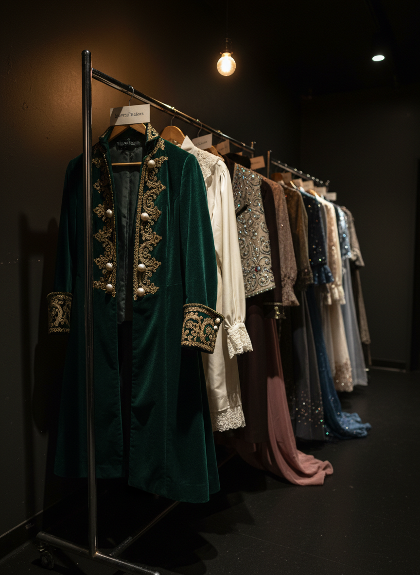 A meticulously arranged costume rail stands in a quiet backstage corridor, filled with richly textured garments: deep emerald velvet coats, pearl-buttoned silk blouses, intricately embroidered waistcoats, and flowing, muted-toned gowns. Each hanger is tagged with neat handwritten labels. A single exposed bulb above casts warm, directional light, causing luxurious fabrics to shimmer subtly and casting elongated shadows onto the matte black floor and walls. Captured in photographic realism from a side-on perspective at eye level, the composition uses a shallow depth of field so the foremost costume is in sharp focus while the rest fade into a soft gradient of color. The atmosphere is hushed, refined, and full of narrative potential, suggesting the many characters and stories waiting just beyond the curtain.