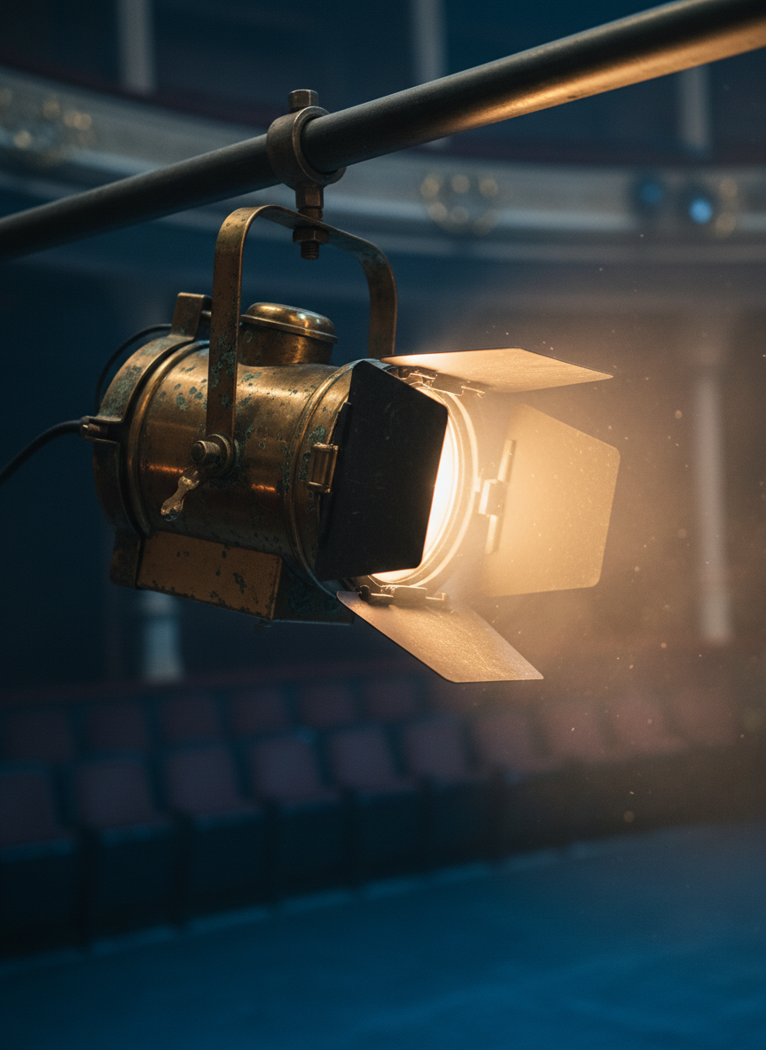 A close-up view of an ornate, vintage brass stage light mounted high on a rigging bar, its adjustable barn doors slightly open as it casts a narrow, golden beam into the surrounding theatrical haze. Dust particles shimmer in the light, while the distant stage and seating dissolve into a deep, bluish blur. The brass housing shows subtle patina and fine scratches, evidence of years of productions. Photographic realism and a shallow depth of field highlight every screw and rivet. Shot from a dramatic low angle, the composition emphasizes the light as both instrument and symbol of storytelling. The mood is reverent and sophisticated, celebrating the technical artistry that shapes how an audience experiences the emotional arc of a performance.