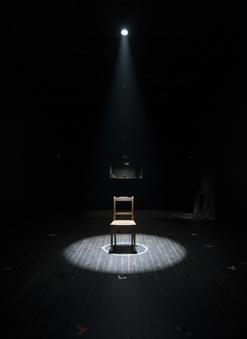 An open, dimly lit black box theatre, its matte black walls and ceiling disappearing into shadow while a single, cool-toned spotlight isolates a lone, simple wooden chair at center stage. Around the chair, chalk marks and taped outlines on the floor hint at blocking and staging decisions. In the background, a stack of neatly coiled cables and a control booth window are barely visible in soft focus. Photographic realism captures the fine grain of the stage floor and the stark contrast between light and darkness. Framed in a centered composition from the back of the room at eye level, the image conveys a minimal yet potent atmosphere, emphasizing raw narrative potential and the pure power of a story told with almost nothing.